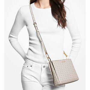 Michael Kors Trisha Medium Logo MK Crossbody Bag Light Cream Multy